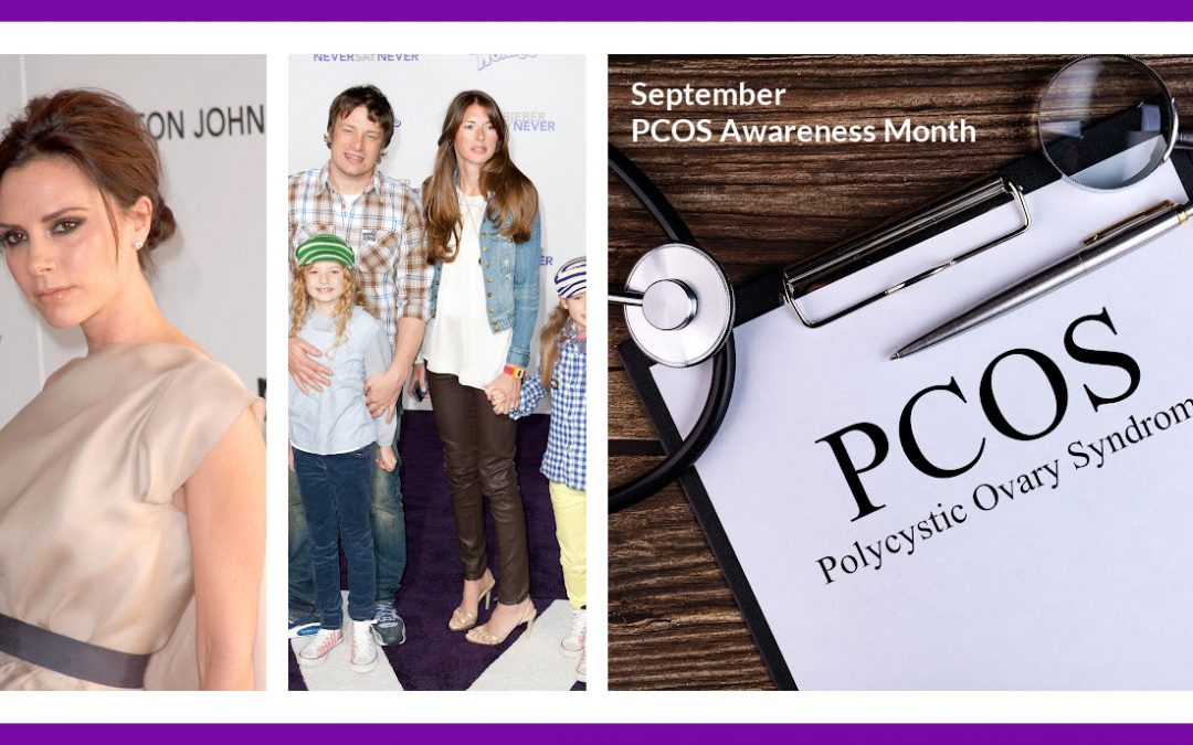 Collage of Victoria Beckham, Jools and Jamie Oliver and a clip board sign with PCOS