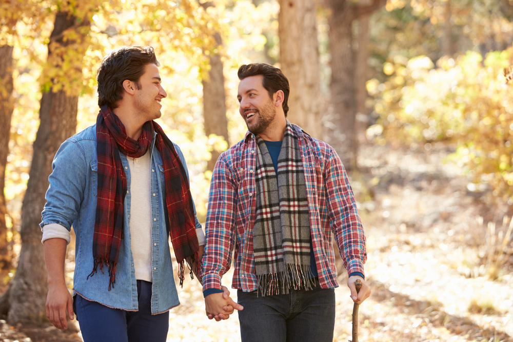 Two gay men holding hands in a forest