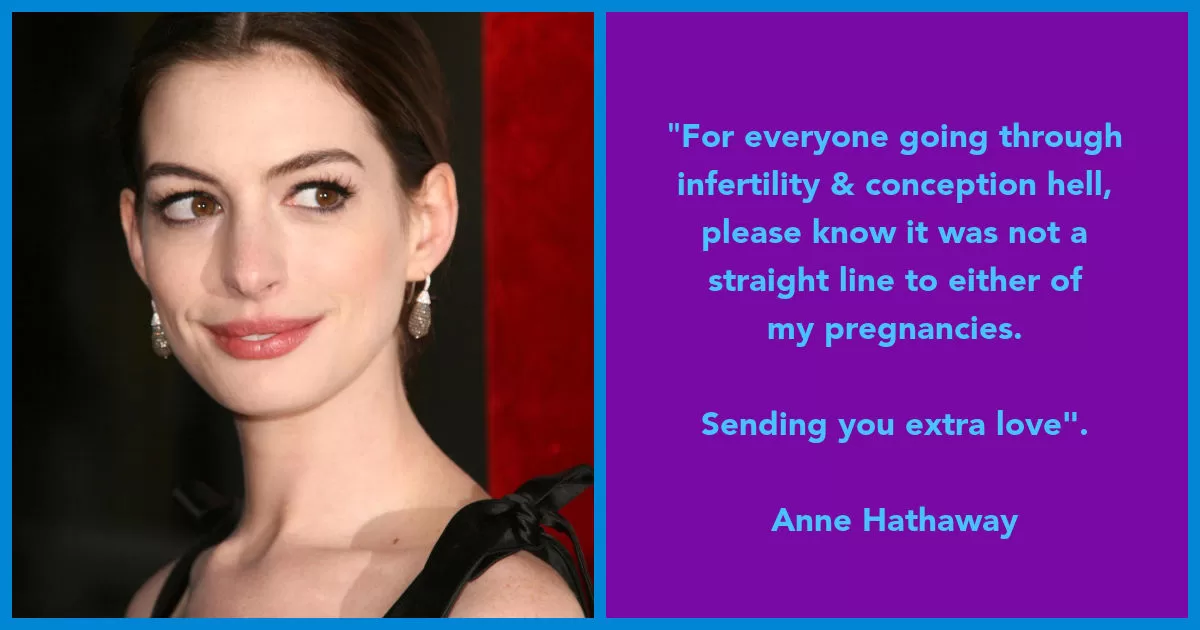Headshot photo of celebrity Anne Hathaway with quote about pregnancy journey
