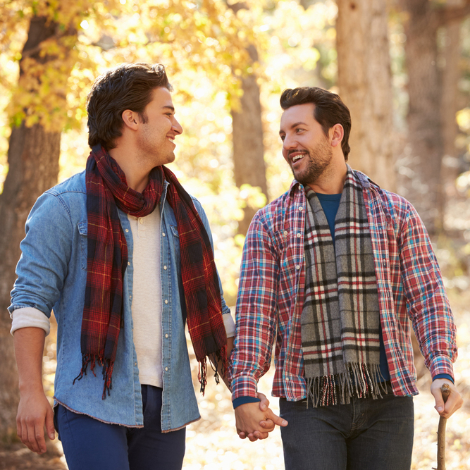 Two gay men holding hands in a forest